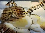  2016 anthro back_muscles balls barefoot bed black_fur butt claws feline flaccid fur looking_at_viewer looking_back lying male mammal mohumohuotou muscular muscular_male nude on_bed orange_fur penis pillow signature solo stripes tiger white_fur 