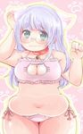  1girl animal_ears aqua_eyes bad_anatomy bell bell_collar belly blush bra breasts cat_cutout cat_ear_panties cat_ears cat_lingerie cleavage cleavage_cutout collar fat_folds frills glasses holding_ears lavender_hair medium_breasts meme_attire nitroplus panties paw_pose paw_print plump red_collar rikishi_(nemu_14) semi-rimless_eyewear side-tie_panties solo sparkling_eyes super_taruco thick_thighs thighs underwear wavy_mouth 