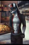  alenkavoxis anthro canine clothed clothing food fur hair looking_at_viewer male mammal pizza smile solo wolf 