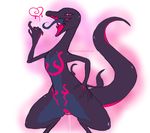  &lt;3 animal_genitalia anthro beckoning dripping electrikedeathstrike electrikestorm female long_tongue nintendo pheromones pok&eacute;mon purple_eyes pussy pussy_juice salazzle simple_background solo spread_legs spreading tongue tongue_out url video_games white_background 