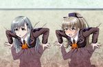  :d ascot brown_hair commentary_request cracked_wall empty_eyes green_eyes green_hair grey_eyes hair_ornament hairclip kabe_ni_hamatte_ugokenai! kantai_collection kumano_(kantai_collection) long_hair looking_at_viewer multiple_girls open_mouth parody ponytail smile stuck suzuya_(kantai_collection) through_wall tk8d32 