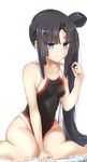  bad_id bad_pixiv_id black_hair blue_eyes breasts competition_swimsuit fate/grand_order fate_(series) goggles goggles_on_head highleg highleg_swimsuit long_hair one-piece_swimsuit p!nta side_ponytail simple_background sitting small_breasts smile solo swimsuit ushiwakamaru_(fate/grand_order) very_long_hair wariza water white_background 