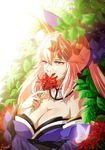  animal_ears artist_name bangs bare_shoulders blurry breasts bug butterfly choker chromatic_aberration cleavage day depth_of_field fate/extra fate_(series) flower fox_ears highres holding holding_flower insect large_breasts light_particles long_sleeves looking_away off_shoulder pink_hair rindo sidelocks solo spider_lily tamamo_(fate)_(all) tamamo_no_mae_(fate) upper_body yellow_eyes 