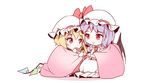  ascot bangs bat_wings blonde_hair blush chibi closed_mouth crystal dress flandre_scarlet full_body hat hat_ribbon looking_at_another minust mob_cap multiple_girls purple_hair red_eyes remilia_scarlet ribbon shared_blanket short_hair siblings sisters slit_pupils smile touhou wings wrist_cuffs 