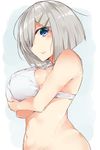  blue_eyes bra breast_lift breasts from_side gloves hair_ornament hair_over_one_eye hairclip hamakaze_(kantai_collection) kantai_collection large_breasts looking_at_viewer miya_ur silver_hair solo strap_gap underwear white_bra white_gloves 