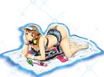  artist_request ass breasts brown_eyes brown_hair official_art olive_oppert smile solo source_request sparkle super_robot_wars_x-omega swimsuit wet 