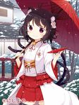  animal_ears black_hair cat_ears japanese_clothes miko muku_(muku-coffee) multiple_tails nekomata oriental_umbrella red_eyes short_hair snowing solo tail umbrella valhalla_valkyries 