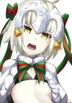  bad_id bad_pixiv_id bell bikini black_bikini black_gloves blonde_hair capelet elbow_gloves fate/grand_order fate_(series) flat_chest gloves helmet jeanne_d'arc_(fate)_(all) jeanne_d'arc_alter_santa_lily looking_at_viewer open_mouth p!nta pale_skin short_hair simple_background solo swimsuit teeth white_background white_capelet yellow_eyes 