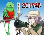  2girls aoba_(kantai_collection) bird black_hair camera camera_lens chestnut_mouth closed_eyes fubuki_(kantai_collection) green_eyes hat hidaka_toworu kantai_collection machinery multiple_girls open_mouth ponytail purple_hair resplendent_quetzal school_uniform serafuku short_hair short_ponytail translation_request zoom_lens 