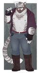  2016 5_fingers abs anthro axe beard big_tail biped black_claws black_nose boots border claws clothed clothing digital_media_(artwork) evane eyebrows facial_hair feline fingerless_gloves footwear front_view full-length_portrait fur gloves grey_background grey_eyes grey_fur grey_nipples grey_stripes grey_tail hi_res holding_object jacket long_tail maaty-s male mammal mature_male melee_weapon multicolored_fur muscular muscular_male mustache navel nipples outside_border pants pecs portrait simple_background smile solo standing striped_fur striped_tail stripes tiger tools vincent_(evane) watermark weapon white_border white_fur white_tiger 