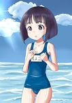  1girl black_hair blush breasts brown_eyes cameltoe girls_und_panzer ocean small_breasts solo sono_midoriko swimsuit 