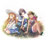  baggy_pants blonde_hair blue_eyes blue_hair blue_pants blue_sailor_collar bounsweet braid capri_pants dark_skin dress egg flower gen_7_pokemon grass green_eyes green_hair hair_flower hair_ornament hairband hat lillie_(pokemon) long_hair mao_(pokemon) multiple_girls one_eye_closed open_mouth overalls pants pokemon pokemon_(anime) pokemon_(creature) pokemon_sm_(anime) popplio sailor_collar sandals short_hair sitting sleeveless sleeveless_dress suiren_(pokemon) sun_hat trial_captain twin_braids twintails white_dress white_hat yakka 