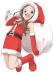  :d absurdres arm_warmers belt boots breasts brown_eyes brown_hair christmas detached_sleeves dress full_body fur-trimmed_boots fur-trimmed_sleeves fur_trim hat highres holding jumping karakai_jouzu_no_takagi-san legs_folded legs_up long_hair looking_at_viewer open_mouth red_dress red_legwear sack santa_boots santa_costume santa_hat simple_background sleeveless small_breasts smile solo takagi-san white_background yamamoto_souichirou 