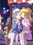  &gt;_&lt; bench black_eyes black_hair blonde_hair blue_hat blush christmas_tree closed_eyes coat cosmog fur_trim gen_7_pokemon green_eyes hat highres lillie_(pokemon) long_hair mizuki_(pokemon) multiple_girls open_mouth pokemon pokemon_(creature) pokemon_(game) pokemon_sm ponytail scarf senba_hikari short_hair sitting snow snowflakes snowing thighhighs white_coat yuri 