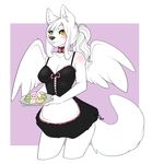  anthro blush canine clothing feathered_wings feathers female food hiddenwolf looking_at_viewer maid_uniform mammal solo standing uniform wings 