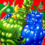  2016 anthro biceps big_biceps black_nipples blue_eyes blue_nipples blue_scales christmas colored danandnite digital_drawing_(artwork) digital_media_(artwork) dragon duo french_kissing green_background green_scales holidays horn huge_muscles jagaz_coatl kissing light long_tail male male/male manly mistletoe muscular muscular_male nipples pecs plant red_background scales scalie shaded side_view signature simple_background snowflake standing western_dragon yellow_eyes yellow_horn 