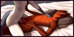  3_fingers alien amphibian balls bed bed_sheet bedding cowgirl_position docking duo frottage horth inside long_tail lying male male/male mass_effect on_back on_top penis petresko petresko_(character) pillow red_skin salarian sex seyloid sheath_penetration slit slit_penetration spots spotted_skin tight_fit video_games webbed-hands wet white_skin 