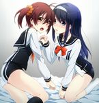  bed_sheet black_hair blue_eyes brown_eyes brown_hair collarbone futaba_aoi_(vividred_operation) hairband highres holding_hands interlocked_fingers isshiki_akane keita_(tundereyuina) kneeling long_hair multiple_girls national_shin_ooshima_school_uniform short_twintails shorts twintails vividred_operation white_hairband 