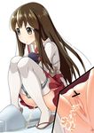  1girl blush brown_eyes brown_hair censored panties peeing pussy red_skirt sandals squat_toilet squatting thighhighs toilet white_legwear 