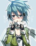  black_gloves blue_background blue_eyes blue_hair fingerless_gloves gloves green_jacket hair_ornament hairclip jacket keita_(tundereyuina) looking_at_viewer open_clothes open_jacket scarf short_hair simple_background sinon solo sword_art_online white_scarf 
