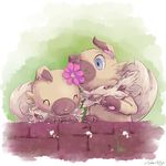  blue_eyes closed_eyes flower gen_7_pokemon highres no_humans pokemon pokemon_(creature) rockruff sharky 