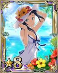  arm_up bare_shoulders black_hair blue_eyes blue_ribbon breasts card_(medium) cleavage collarbone day dress flower hat hibiscus looking_at_viewer medium_breasts mole mole_under_eye number ocean official_art orange_flower outdoors red_flower ribbon sachi_(sao) short_hair smile solo star sword_art_online sword_art_online:_code_register white_dress white_hat yellow_flower 