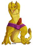 anthro armpits balls bulge clothing erection kobold looking_at_viewer male nipples penis purplepardus scalie simple_background solo standing tongue underwear 
