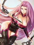  bare_shoulders breasts cleavage fate/extella fate/extra fate_(series) glasses large_breasts long_hair looking_at_viewer nameless_dagger parted_lips pink_hair purple_eyes rider smile solo very_long_hair wide_hips yaoya_musuko 