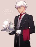  alternate_costume archer bespectacled butler dark_skin dark_skinned_male english fate/stay_night fate_(series) formal glasses male_focus necktie smile solo speech_bubble suit tea_set tetsukuzu_tetsuko tray white_hair 