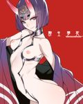  ass ban breasts eyeliner fate/grand_order fate_(series) highres horns japanese_clothes kimono looking_at_viewer makeup nipples oni oni_horns open_clothes open_kimono purple_eyes purple_hair red_background revealing_clothes short_hair shuten_douji_(fate/grand_order) simple_background small_breasts smile solo 