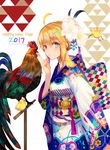 2017 ahoge animal artoria_pendragon_(all) bird blonde_hair chick chicken chinese_zodiac fate/stay_night fate_(series) flower furisode green_eyes hair_flower hair_ornament happy_new_year japanese_clothes kimono looking_at_viewer md5_mismatch nengajou new_year rooster saber weed_(astarone) year_of_the_rooster 