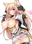  absurdres akino_hamo animal_ears black_gloves black_legwear blonde_hair blush braid breasts breasts_outside erune gloves granblue_fantasy highres large_breasts long_hair nipples one_eye_closed open_clothes puffy_nipples pussy red_eyes simple_background solo thighhighs uncensored white_background yuisis_(granblue_fantasy) 