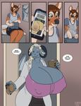  anthro big_breasts breasts cervine clothed clothing comic dbd deer dragon duo english_text female horn huge_breasts hyper hyper_breasts mammal nipple_bulge phone sexting smile teeth text 