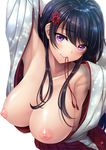  arm_up armpits black_hair blush breasts breasts_outside hair_ornament hakama japanese_clothes large_breasts long_hair looking_at_viewer miko mouth_hold nipples no_bra open_clothes original puffy_nipples red_hakama saijou_satoru simple_background smile solo white_background 