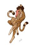  2017 4_toes amber_eyes black_pawpads breasts brown_hair cuddling duo embrace feline fur hair hi_res jaguar long_hair mammal nipples nude pawpads paws pink_hair romantic_couple signature simple_background spots spotted_fur sweltering tan_fur toes whiskers white_background 