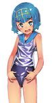  :d blue_eyes blue_hair blue_sailor_collar blush covered_navel h_kasei one-piece_swimsuit open_mouth pokemon pokemon_(game) pokemon_sm sailor_collar school_swimsuit shiny shiny_clothes short_hair simple_background smile solo suiren_(pokemon) swimsuit tan tanline wet white_background 