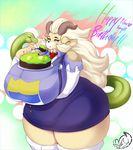  2016 anthro big_breasts black_nose breasts brown_fur cake claws clothed clothing eating eyes_closed female food fur green_eyes green_skin hair hi_res horn huge_breasts long_hair looking_at_viewer meganemausu necktie reptile scalie shirt snake standing suspenders thick_thighs tight_clothing unknown_species voluptuous white_fur white_hair 