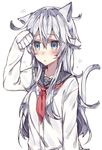  animal_ears arm_up blue_eyes blush cardigan cat_ears cat_tail commentary hibiki_(kantai_collection) highres kantai_collection kvlen long_hair neckerchief no_hat no_headwear open_mouth school_uniform serafuku sleeves_past_wrists solo tail upper_body 