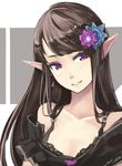  bare_shoulders bra brown_hair collarbone darkers earrings elf flower hair_flower hair_ornament highres jewelry long_hair original pointy_ears purple_eyes smile solo underwear 