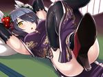  :o alternate_costume armpits black_gloves black_legwear blush breasts camellia china_dress chinese_clothes convenient_leg dress elbow_gloves eyepatch feathers flower gloves hair_feathers hair_flower hair_ornament hi-ho- high_heels kantai_collection large_breasts looking_at_viewer lying on_back on_floor open_mouth round_window shoe_soles short_hair solo tatami tenryuu_(kantai_collection) thighhighs window yellow_eyes 