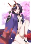  :d anklet barefoot barefoot_sandals blurry blurry_background breasts cherry_blossoms commentary_request fangs fate/grand_order fate_(series) fingerless_gloves gloves highres horns japanese_clothes jewelry kimono looking_at_viewer oni oni_horns open_clothes open_mouth petals purple_eyes purple_hair purple_kimono revealing_clothes shiime shuten_douji_(fate/grand_order) small_breasts smile solo thick_eyebrows toes wide_sleeves 