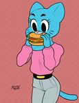  2016 abstract_background anthro blue_fur burger cartoon_network cat cerebropodrido clothed clothing digital_media_(artwork) eating feline female food fur mammal nicole_watterson simple_background solo sweater the_amazing_world_of_gumball 