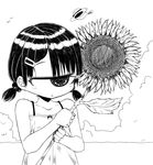  1girl black_hair camisole child cyclops female hairclip hat kurome_shirome looking_away low_twintails monochrome monster_girl original outdoors short_twintails solo sunflower 