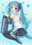  black_footwear blue_eyes blue_hair boots full_body hair_ornament hatsune_miku highres instrument keyboard_(instrument) kneeling long_hair microphone open_mouth pleated_skirt shirt skirt solo thigh_boots thighhighs twintails umitonakai vocaloid white_shirt 