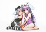  animal_ears apron artist_request bare_legs bare_shoulders barefoot black_dress bow bunny_ears bunnysuit dress erina_(rabi-ribi) irisu_(rabi_ribi) leotard long_hair mallet multiple_girls pantyhose purple_eyes purple_hair purple_leotard rabi-ribi ribbon short_hair silver_hair single_thighhigh sitting smile striped striped_legwear thighhighs very_long_hair white_legwear 