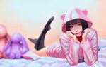  akuseru_arumaa animal_ears bear_ears black_hair blurry depth_of_field fake_animal_ears full_body head_rest higashikata_daiya hood jojo_no_kimyou_na_bouken jojolion kneehighs lying no_shoes on_stomach realistic red_eyes smile solo stuffed_animal stuffed_bunny stuffed_toy 