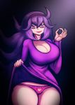  1girl black_background breasts clavicle cleavage cowboy_shot curvy hairband hex_maniac_(pokemon) huge_breasts long_hair looking_at_viewer open_mouth pokemon pokemon_(game) pokemon_trainer pokemon_xy purple_eyes purple_hair simple_background smile solo thick_thighs underwear upskirt wide_hips 