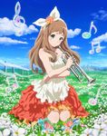  bare_shoulders beamed_eighth_notes blurry blush bow breasts brown_hair building cleavage cloud cloudy_sky day depth_of_field dress eighth_note eyebrows fence field flower flower_field glass_slipper grass green_eyes hair_bow hair_flower hair_ornament hair_ribbon hibike!_euphonium highres instrument jewelry kneeling long_hair musical_note necklace official_art outdoors quarter_note ribbon sky small_breasts smile solo treble_clef trumpet yoshikawa_yuuko 
