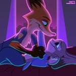  2016 anthro bed canine clothed clothing crossgender disney duo foreplay fox fur grey_fur happy judy_hopps lagomorph love male male/male mammal markings multicolored_fur nick_wilde orange_fur partially_clothed police_uniform rabbit romantic_couple size_difference smile socks_(marking) uniform zootopia 
