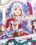  :3 artist_request balcony breasts capelet castle christmas cleavage crown detached_sleeves fur_trim gloves hat idolmaster idolmaster_(classic) idolmaster_million_live! jewelry kitazawa_shiho long_hair medium_breasts multiple_girls necklace nikaidou_chizuru nonohara_akane official_art red_eyes ribbon santa_hat shijou_takane sidelocks silver_hair smile snow wavy_hair winter 